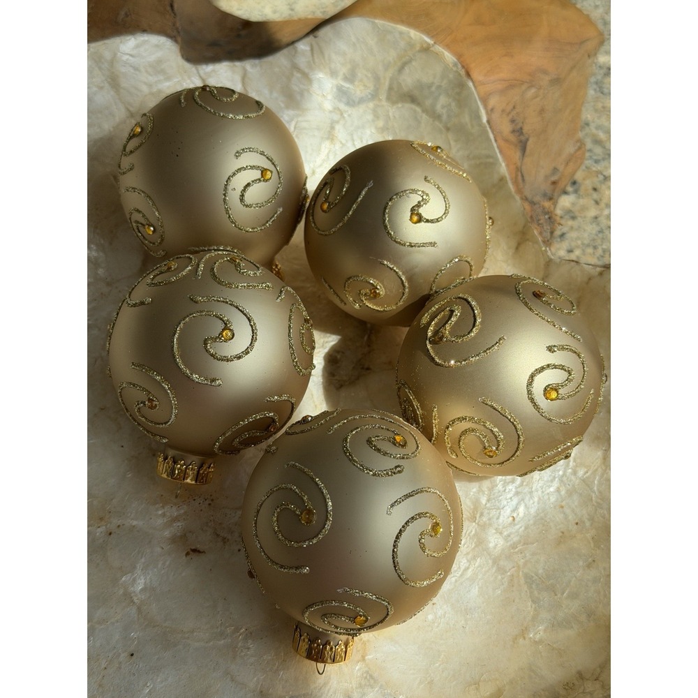 Set of 5 Vtg G&D Gold Satin Glass Christmas Ornaments Glitter Swirls Gems
